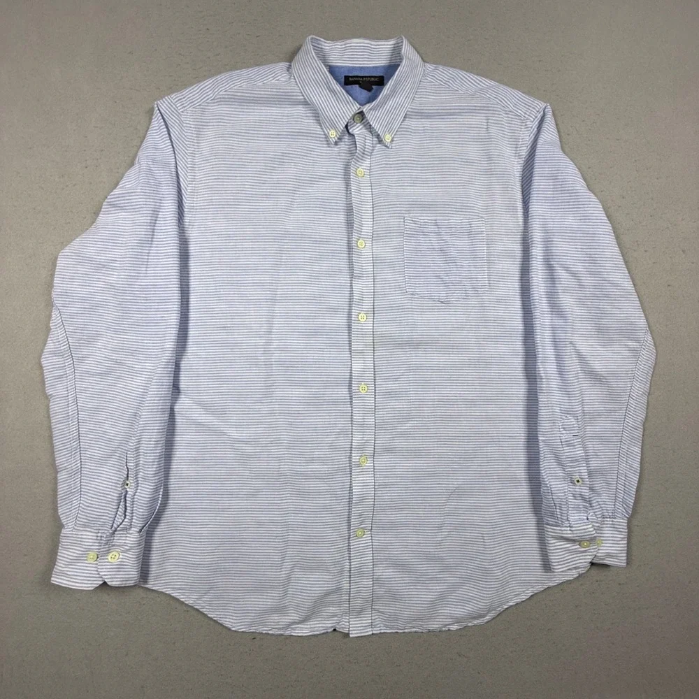 Banana Republic Slim Fit Linen Cotton Stripe Button Down Shirt Men XL Blue White